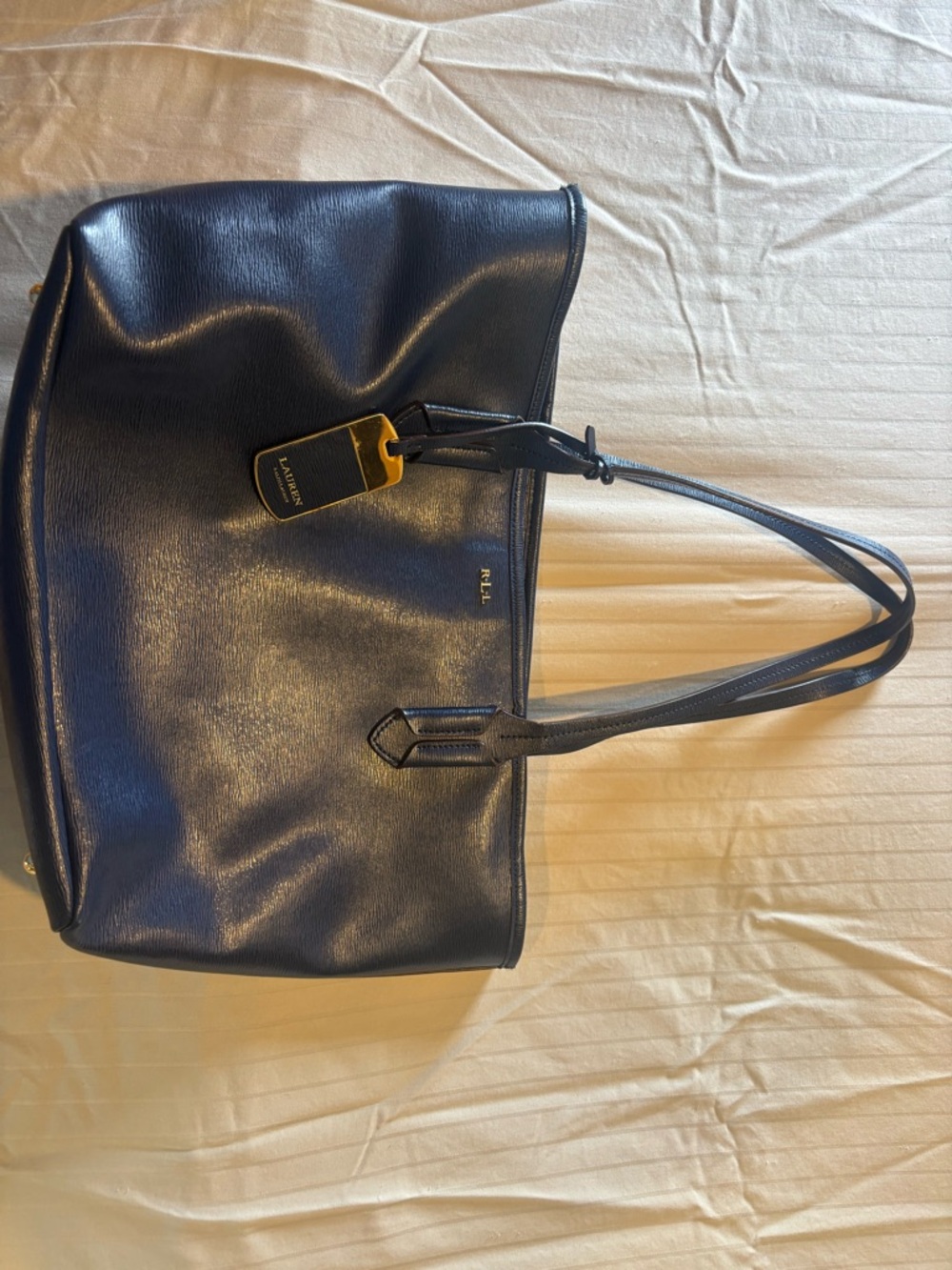 Ralph Lauren Navy Leather Tote with Gold Tag